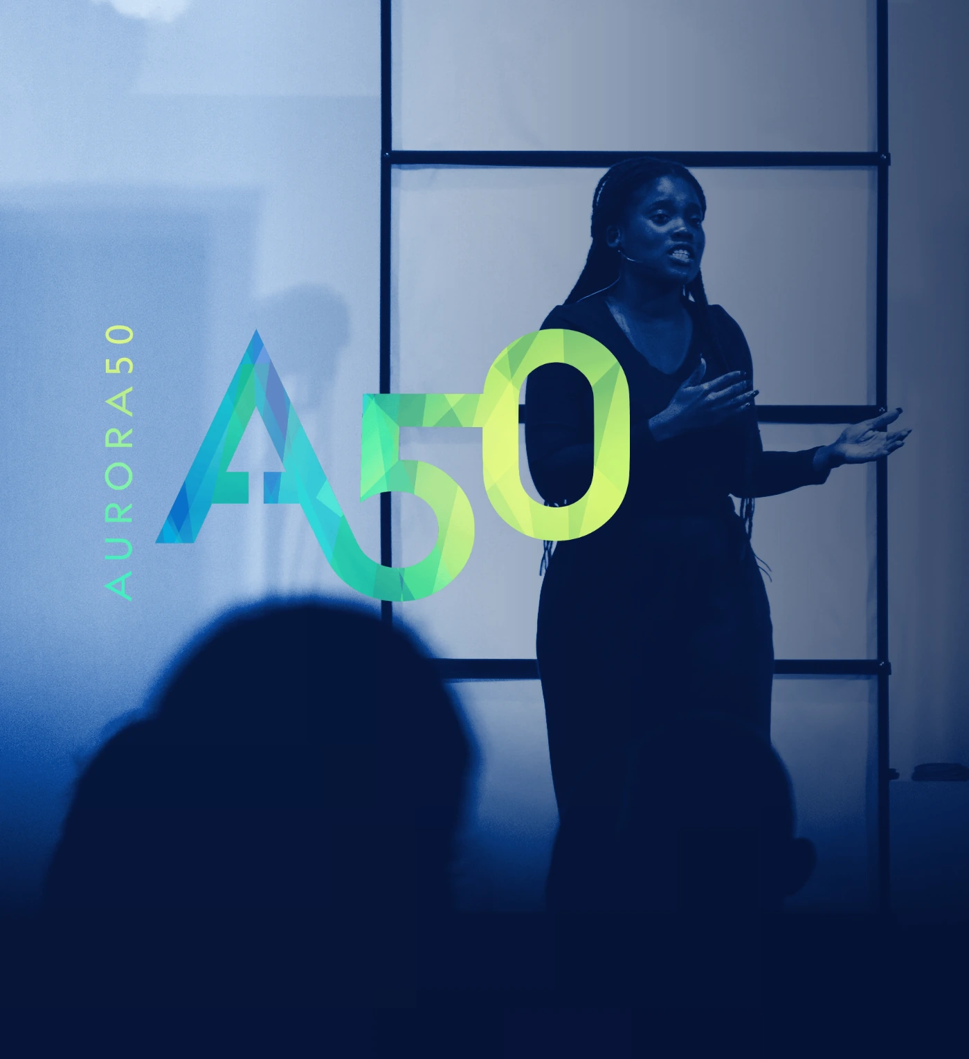 Aurora50: the A50 logo over a speaker on stage
