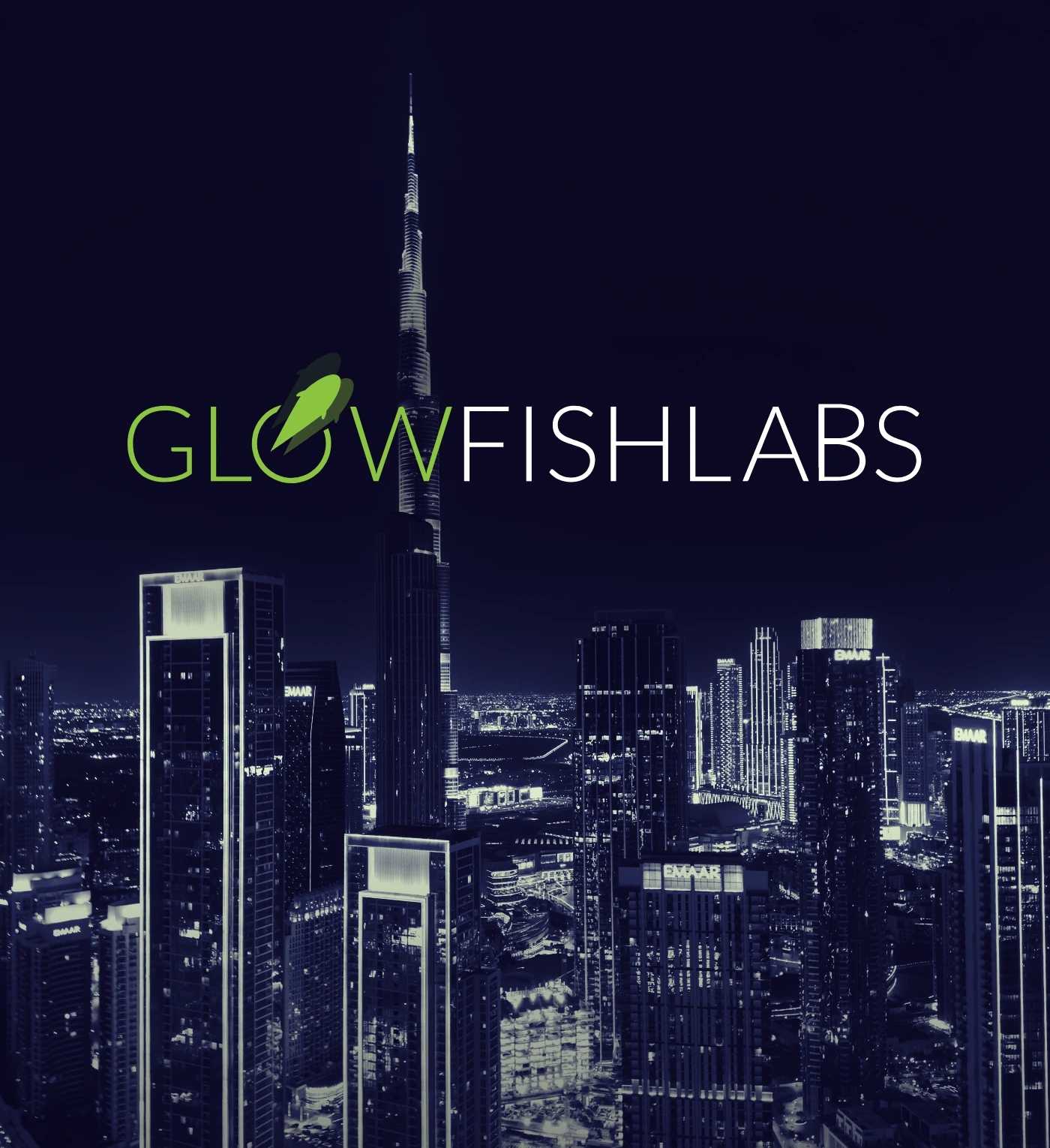 Glowfish: the GlowfishLabs logo over downtown Dubai at night